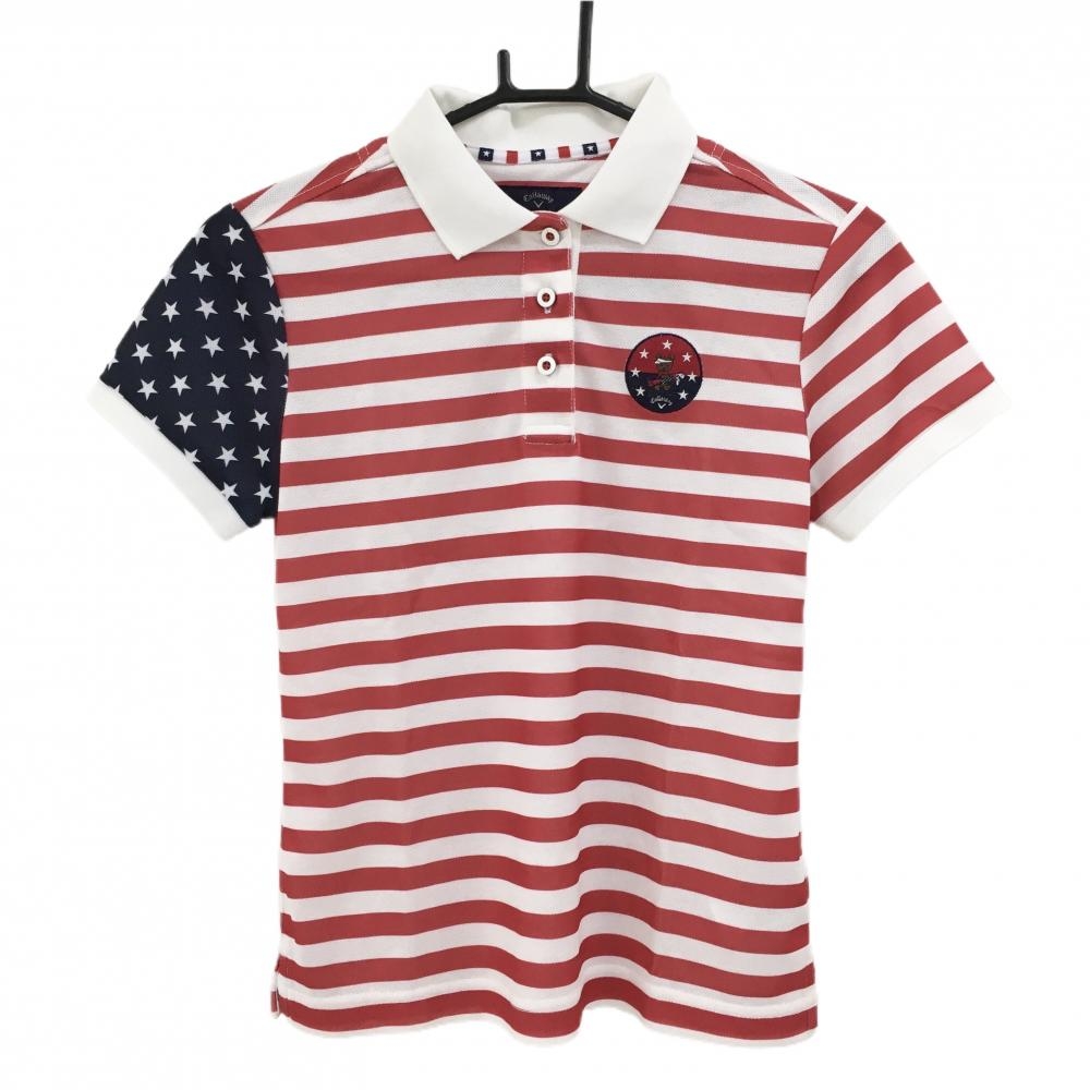 【美品】キャロウェイ 半袖ポロシャツ 白×レッド ボーダー 星条旗 胸元刺しゅう レディース S ゴルフウェア Callaway