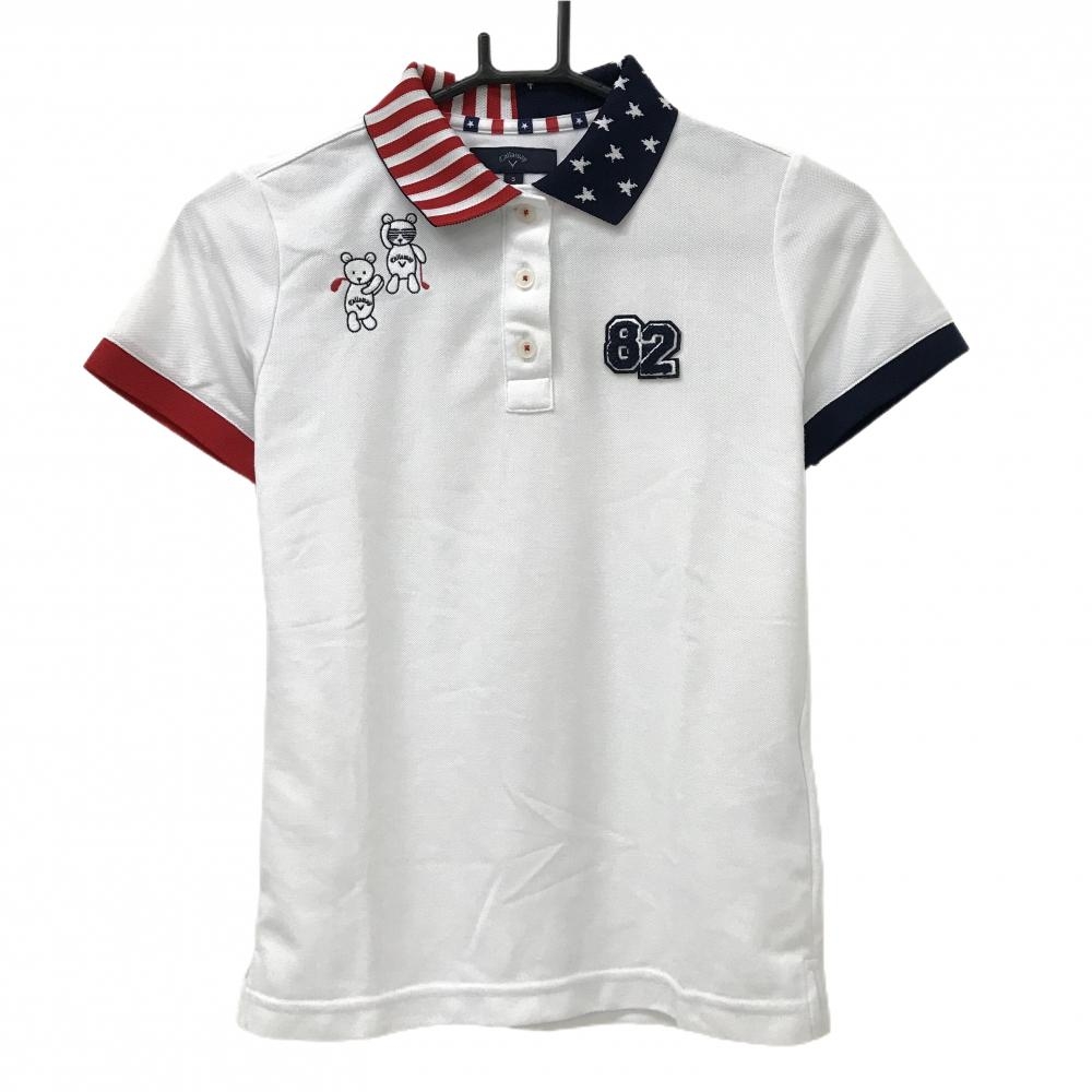 【美品】キャロウェイ 半袖ポロシャツ 白×ネイビー 胸元ベア刺しゅう 襟星条旗  レディース S ゴルフウェア Callaway