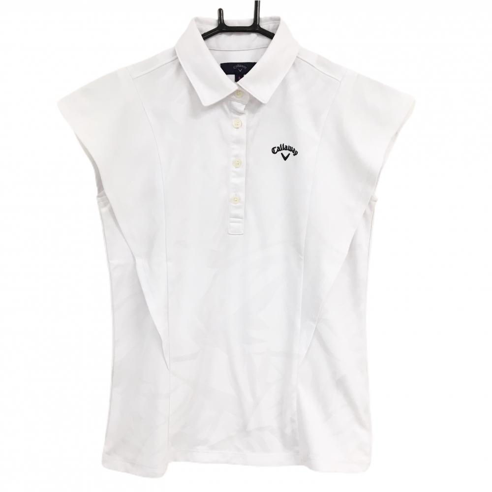 キャロウェイ 半袖ポロシャツ 白 リーフ総柄 ロゴ刺しゅう フレンチスリーブ レディース S ゴルフウェア Callaway