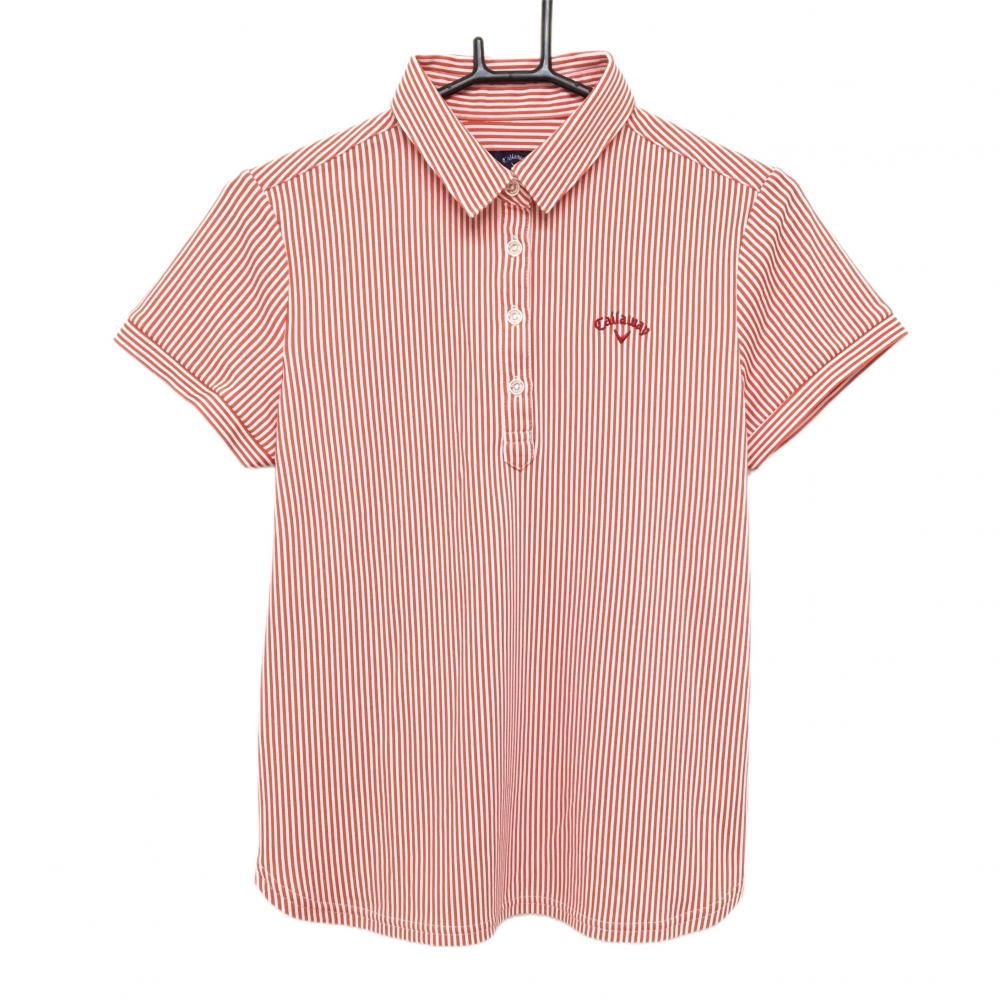 【超美品】キャロウェイ 半袖ポロシャツ レッド×白 ストライプ ロゴ刺しゅう レディース M ゴルフウェア Callaway