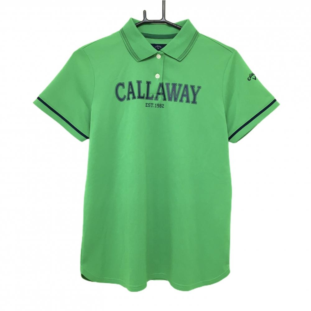 【超美品】キャロウェイ 半袖ポロシャツ グリーン×ネイビー フロントロゴ 袖ライン レディース LL ゴルフウェア Callaway