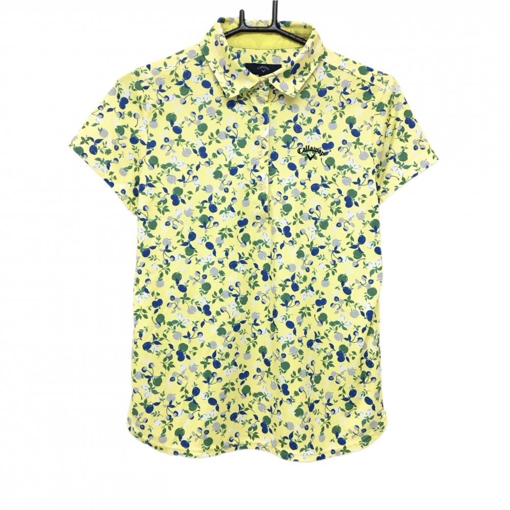 【超美品】キャロウェイ 半袖ポロシャツ イエロー×グリーン フルーツ総柄 ロゴ黒 レディース M ゴルフウェア Callaway