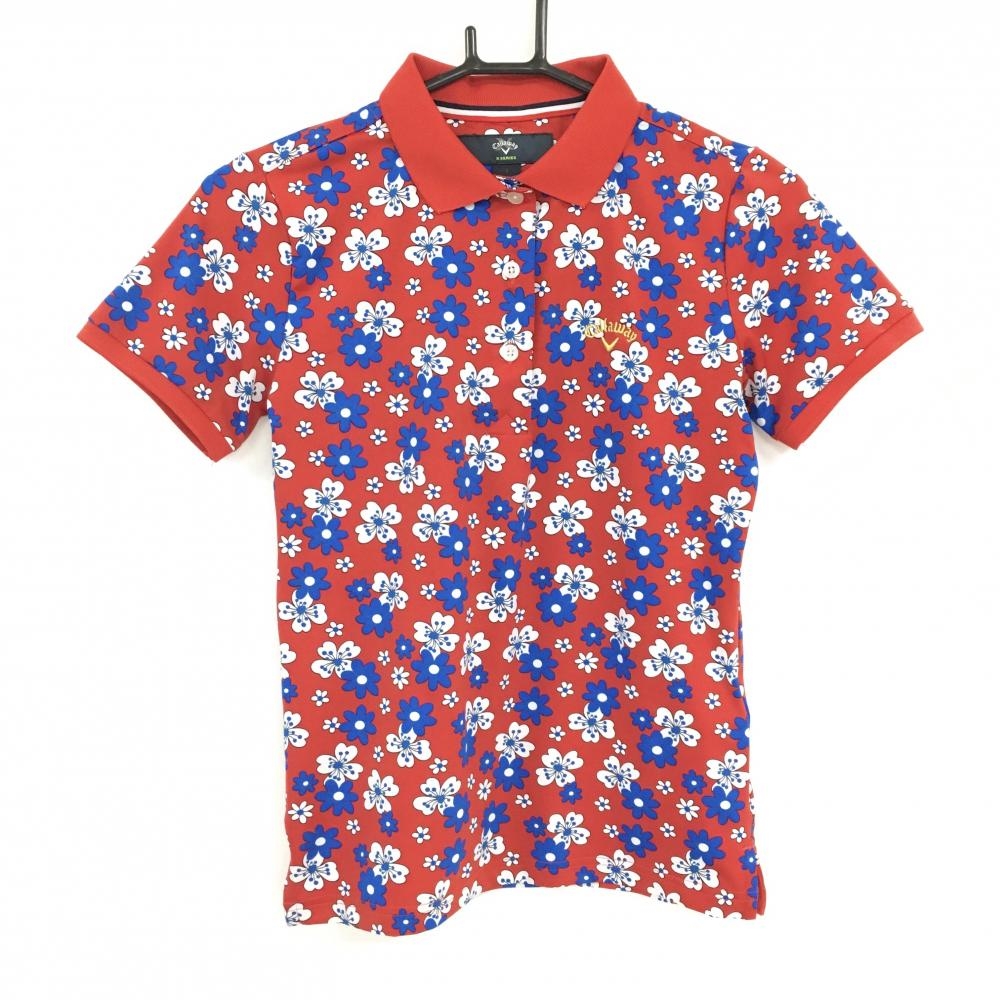 【超美品】キャロウェイ 半袖ポロシャツ レッド×ブルー 花柄 ロゴ刺しゅう レディース S ゴルフウェア Callaway