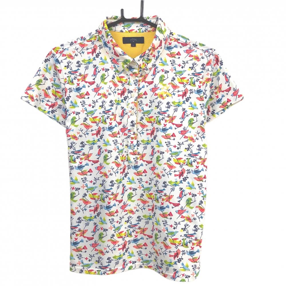 キャロウェイ 半袖ポロシャツ 白×マルチカラー 鳥柄 ロゴ刺しゅう レディース LL ゴルフウェア Callaway