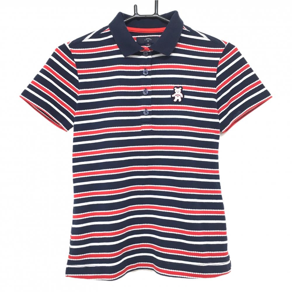 キャロウェイ 半袖ポロシャツ ネイビー×レッド ボーダー ベアワッペン レディース M ゴルフウェア Callaway