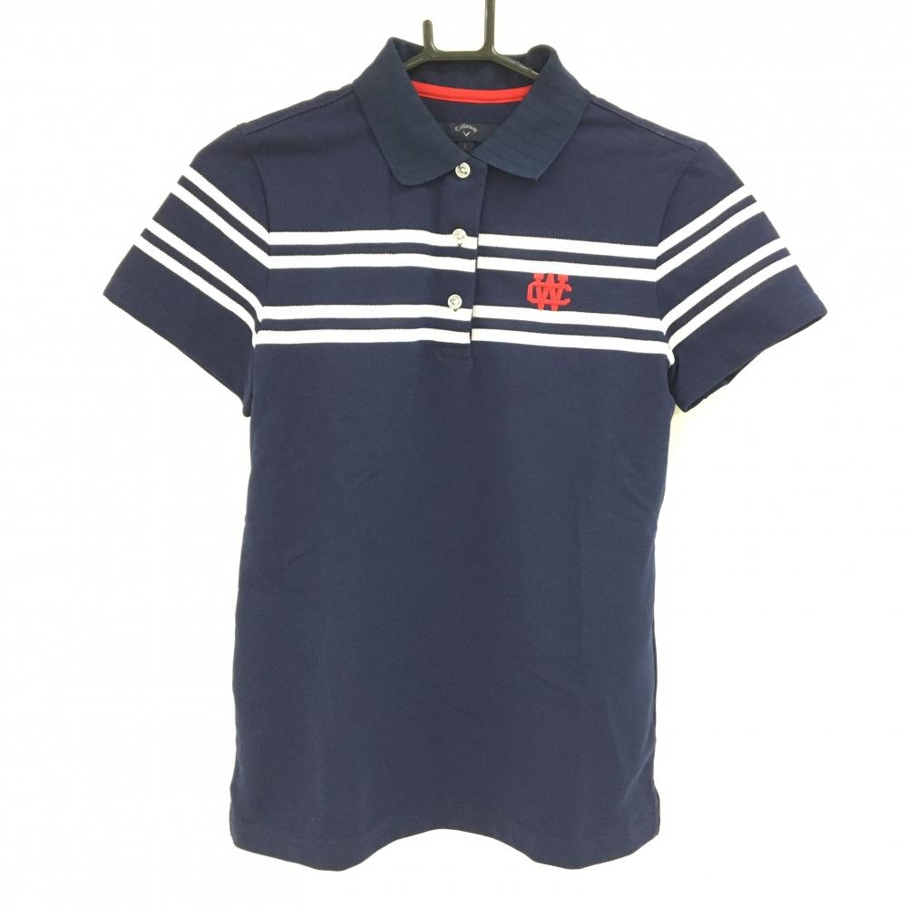 【超美品】キャロウェイ 半袖ポロシャツ ネイビー×白 上部ボーダー 襟ストライプメッシュ レディース L ゴルフウェア Callaway