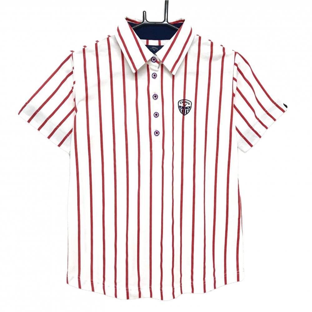 【美品】キャロウェイ 半袖ポロシャツ 白×レッド ストライプ ロゴ レディース L ゴルフウェア Callaway