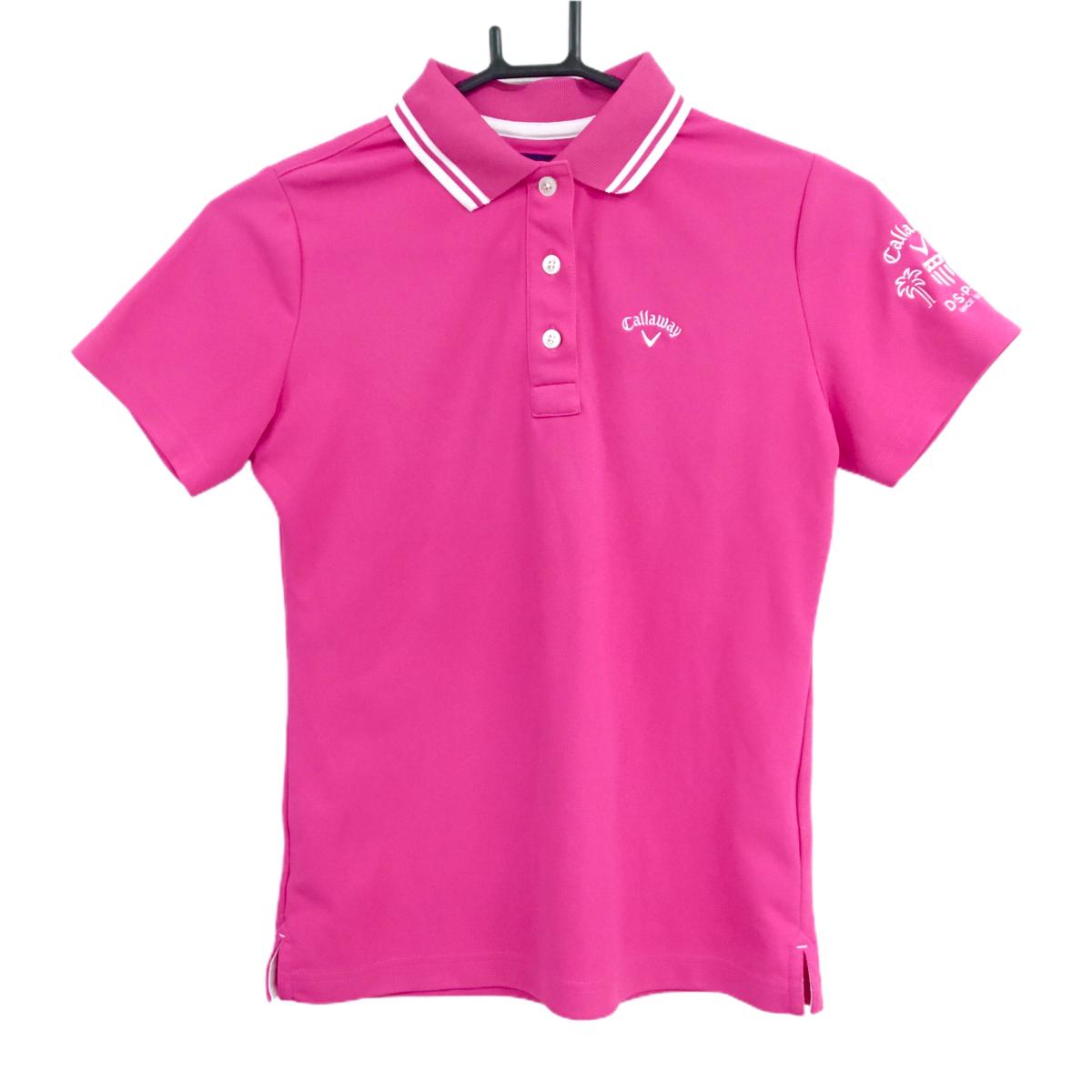 【美品】キャロウェイ 半袖ポロシャツ ピンク×白 襟ライン ロゴ刺しゅう レディース M ゴルフウェア Callaway