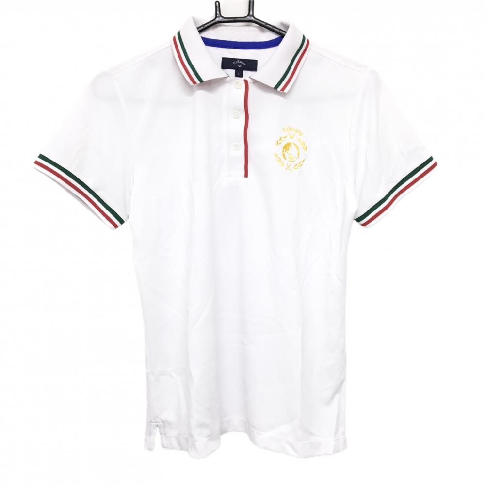 【超美品】キャロウェイ 半袖ポロシャツ 白 ロゴ刺しゅう 襟・袖ライン レディース L ゴルフウェア Callaway