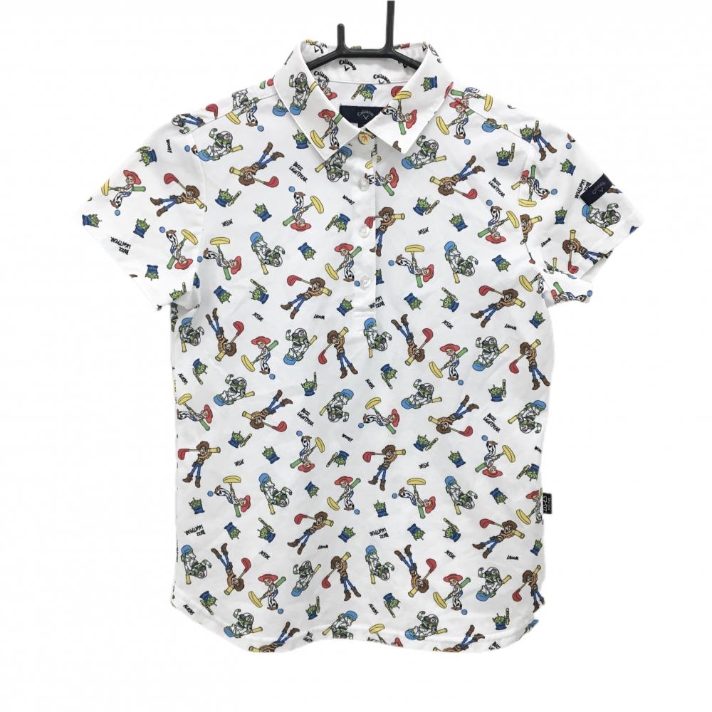 【美品】キャロウェイ×トイストーリー 半袖ポロシャツ 白×マルチカラー 総柄 Disney  レディース S ゴルフウェア Callaway