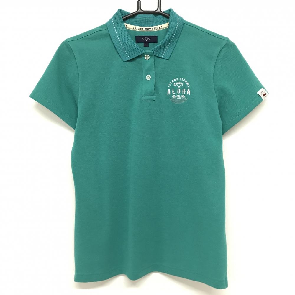 【超美品】キャロウェイ 半袖ポロシャツ グリーン 襟メッシュ 胸元刺しゅう ALOHA レディース L ゴルフウェア Callaway