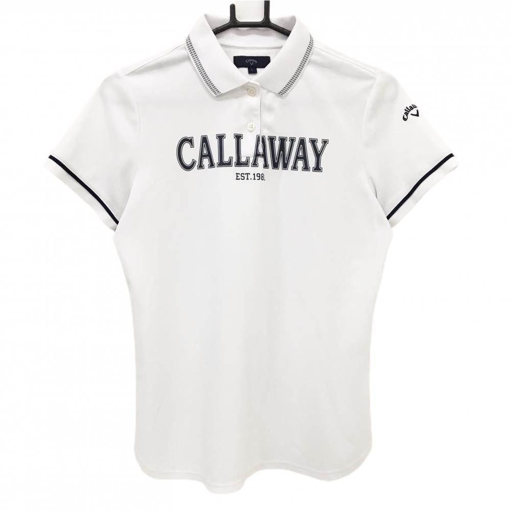 キャロウェイ 半袖ポロシャツ 白×ネイビー フロントロゴ 袖刺しゅう  レディース L ゴルフウェア Callaway