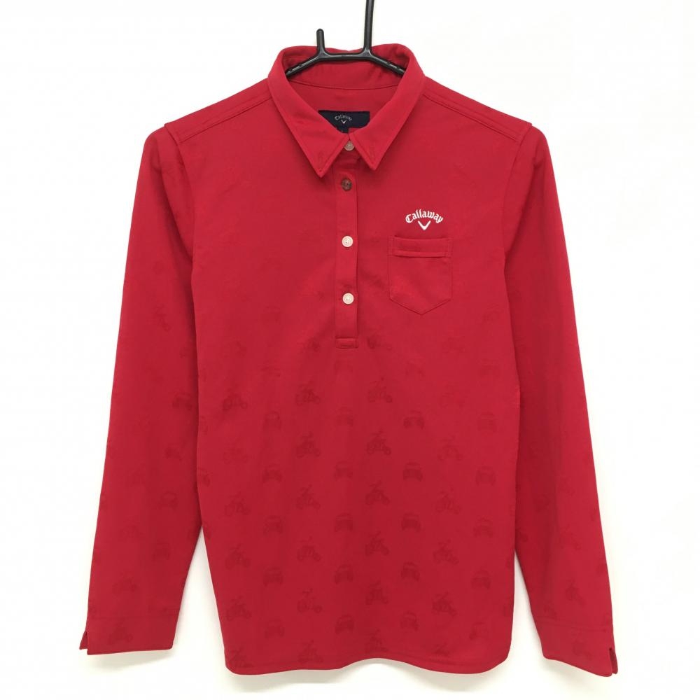 【美品】キャロウェイ 長袖ポロシャツ レッド 総柄織生地 ボタンダウン  レディース L ゴルフウェア Callaway