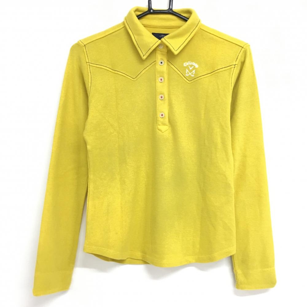 【超美品】キャロウェイ 長袖ポロシャツ イエロー×ネイビー ステッチ ロゴ刺しゅう 表微起毛 レディース M ゴルフウェア Callaway