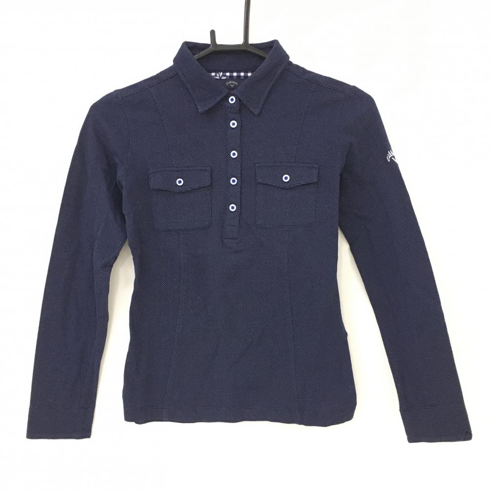 【美品】キャロウェイ 長袖ポロシャツ ネイビー×白 ピンドット 胸ポケット レディース S ゴルフウェア Callaway