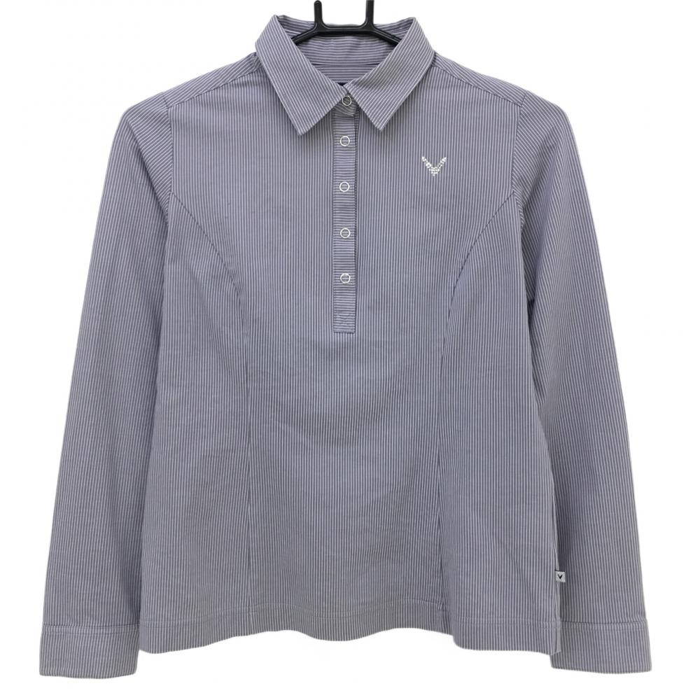 キャロウェイ 長袖ポロシャツ グレー×白 ストライプ ラインストーンロゴ  レディース M ゴルフウェア Callaway