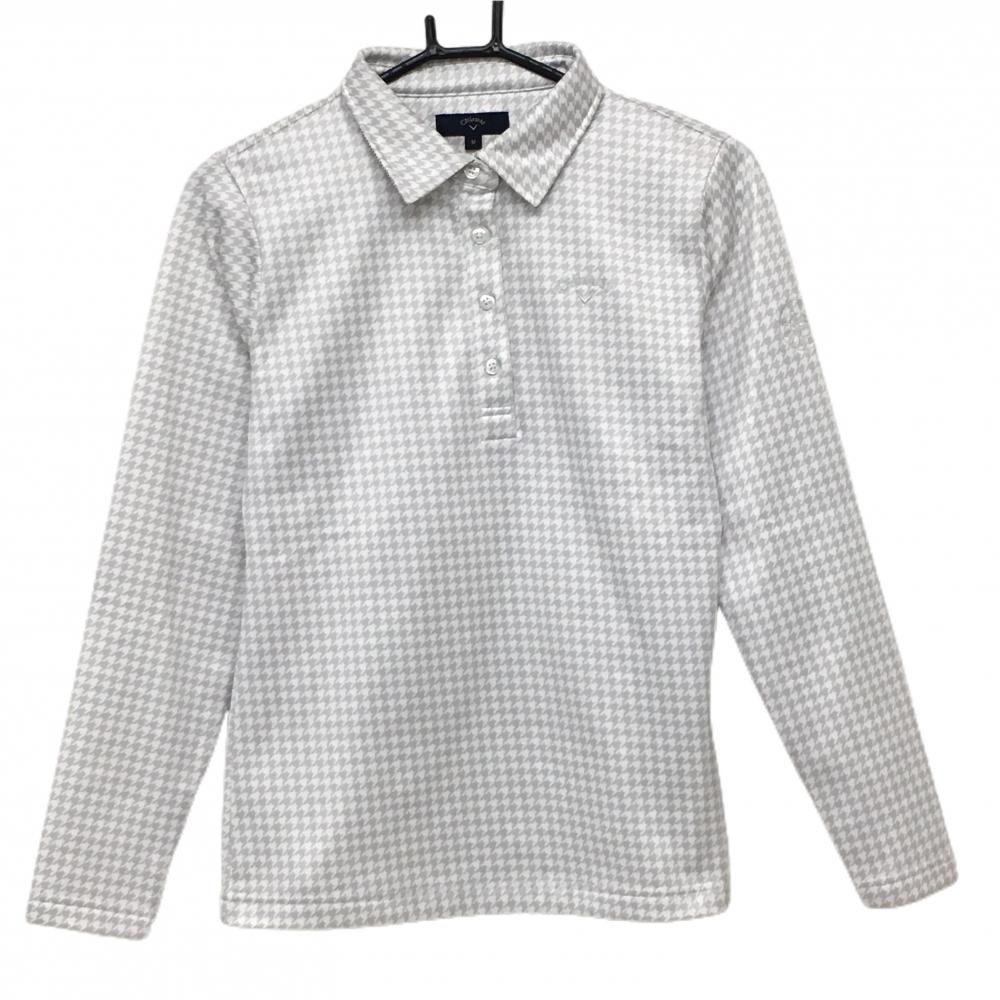 【超美品】キャロウェイ 長袖ポロシャツ 白×ライトグレー 千鳥格子柄 ロゴ刺しゅう 裏微起毛 レディース M ゴルフウェア Callaway