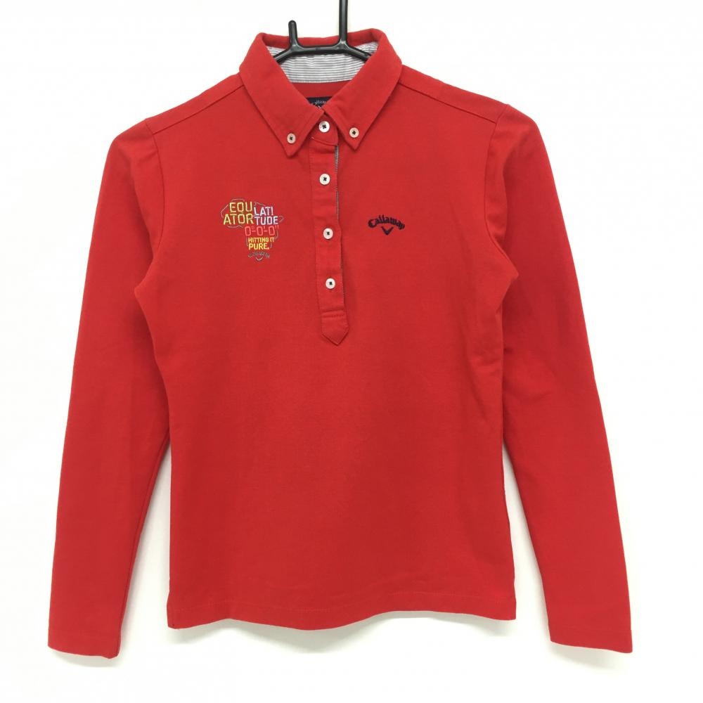 【美品】キャロウェイ 長袖ポロシャツ レッド×ネイビー ロゴ刺しゅう ボタンダウン  レディース S ゴルフウェア Callaway