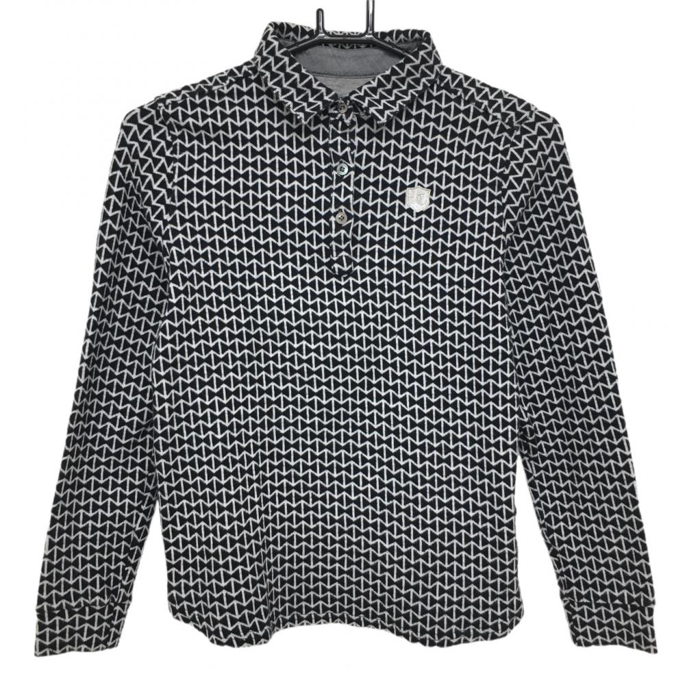 【美品】キャロウェイ 長袖ポロシャツ 黒×白 総柄 表起毛 日本製 レディース S ゴルフウェア Callaway