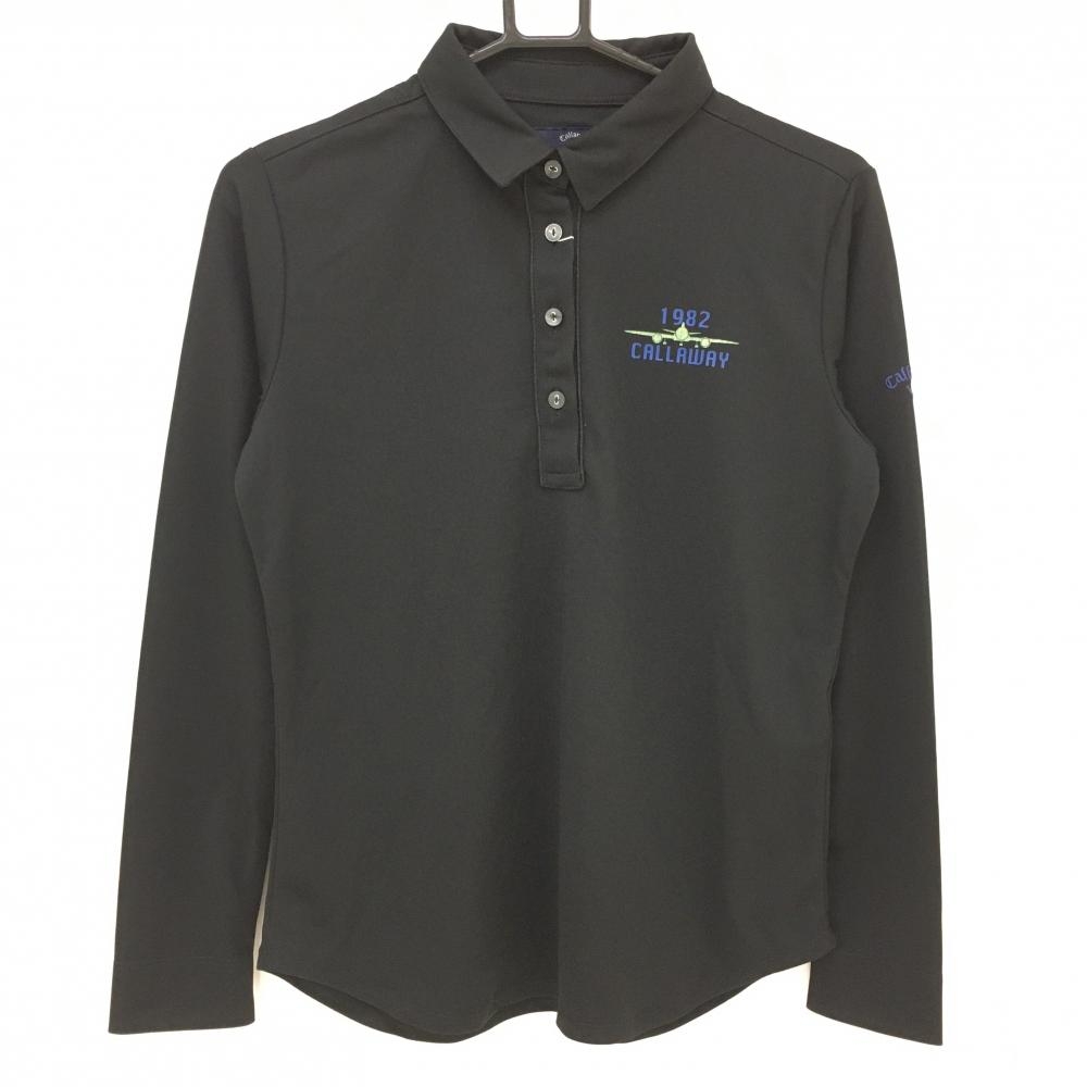 【新品】キャロウェイ 長袖ポロシャツ 黒 飛行機プリント 吸水速乾 UPF15 レディース L ゴルフウェア Callaway