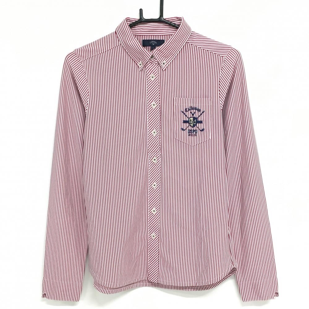 【超美品】キャロウェイ 長袖ポロシャツ レッド×白 ストライプ 胸ポケット レディース L ゴルフウェア Callaway