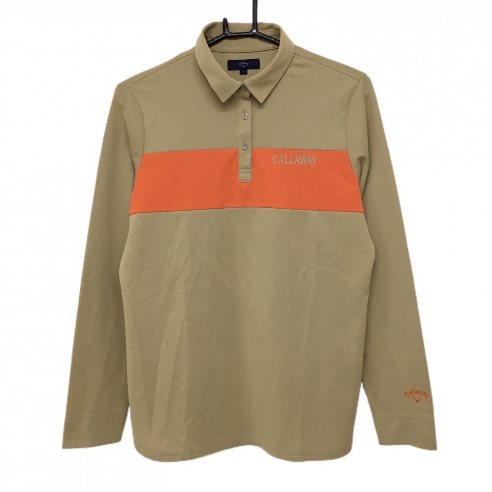 【美品】キャロウェイ 長袖ポロシャツ ベージュ×オレンジ 胸元切替 レディース LL ゴルフウェア 2023年モデル Callaway