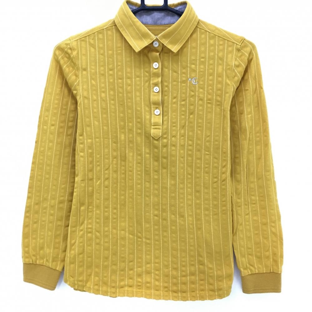 【美品】キャロウェイ 長袖ポロシャツ イエロー系×白 ストライプ 織生地 レディース M ゴルフウェア Callaway