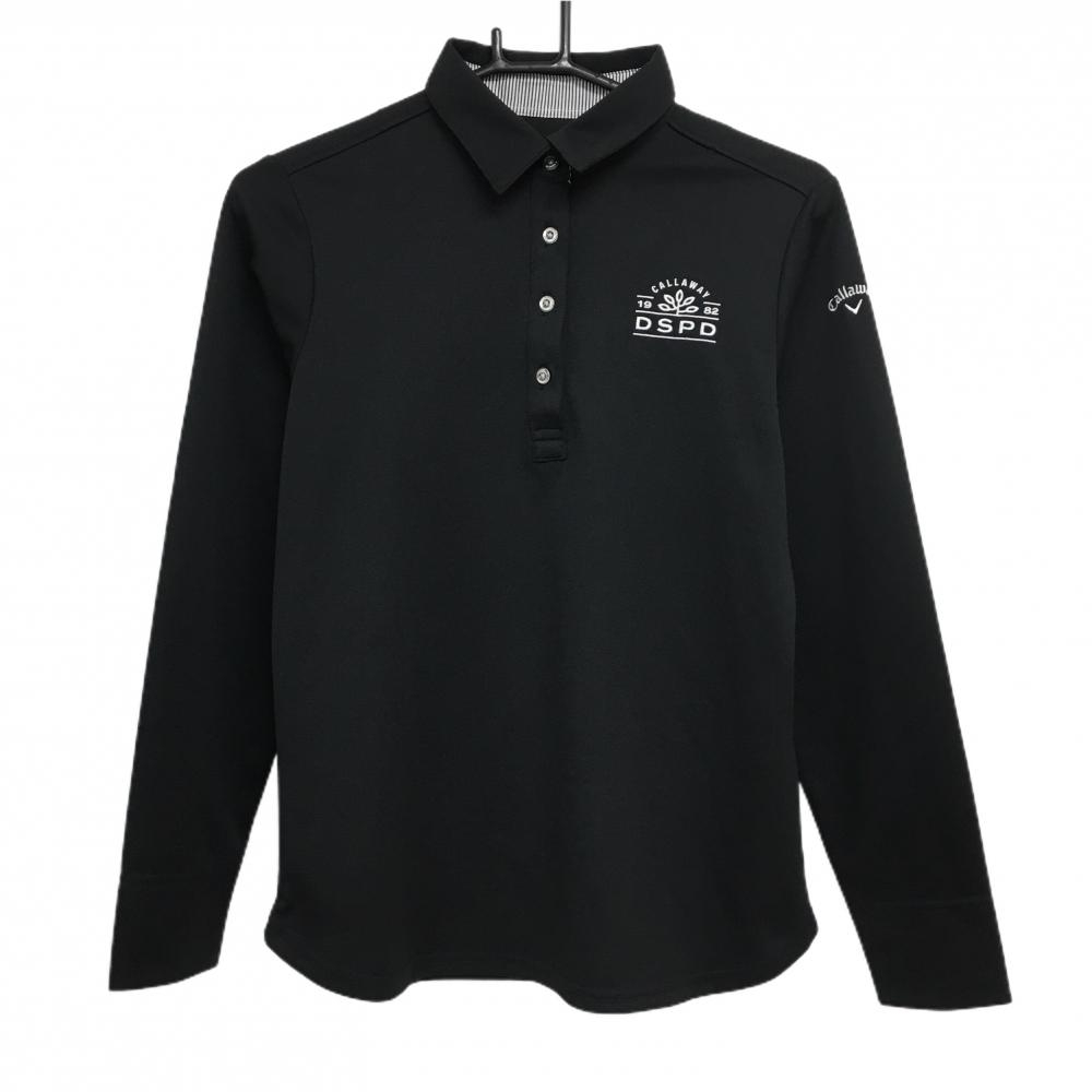 【美品】キャロウェイ 長袖ポロシャツ 黒×白 ロゴ刺しゅう レディース L ゴルフウェア Callaway