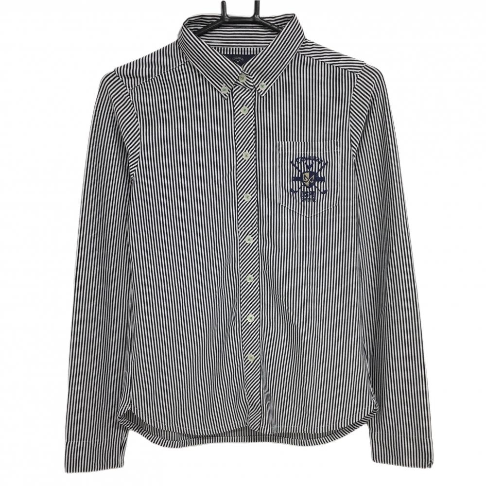 【超美品】キャロウェイ 長袖シャツ 白×黒 ストライプ 胸ポケット ロゴ刺しゅう レディース L ゴルフウェア Callaway