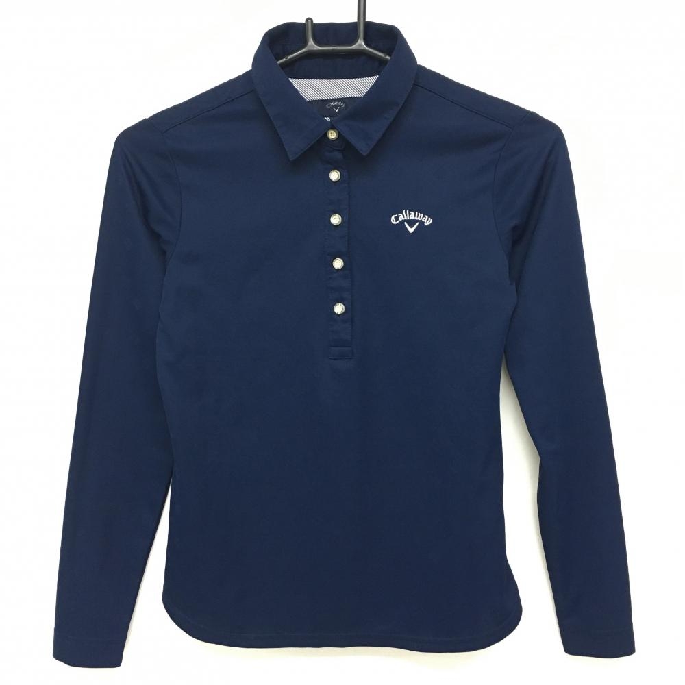 【美品】キャロウェイ 長袖ポロシャツ ネイビー クローバー地模様 ロゴ刺しゅう レディース S ゴルフウェア Callaway