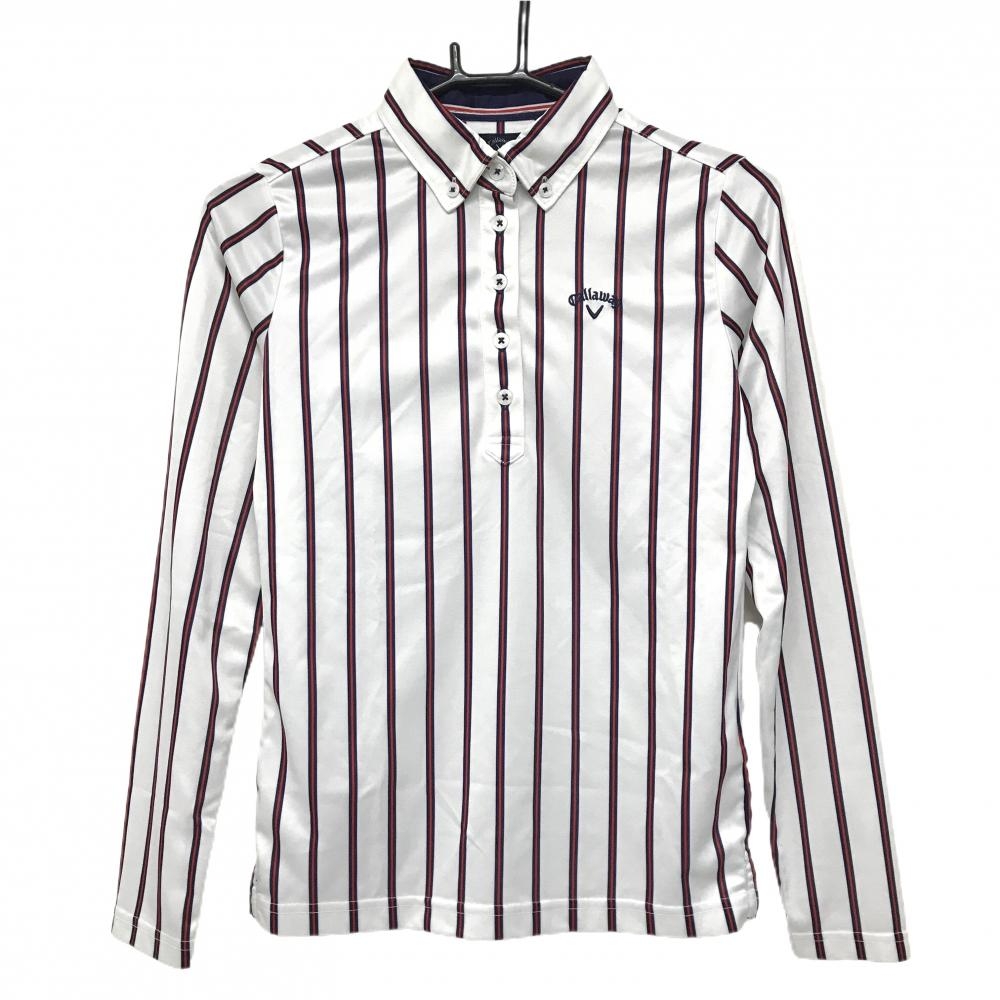 キャロウェイ 長袖ポロシャツ 白×レッド ストライプ ロゴ刺しゅう レディース M ゴルフウェア Callaway