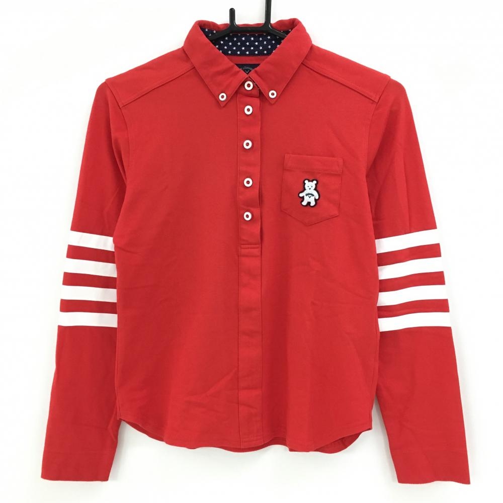 キャロウェイ 長袖ポロシャツ レッド 袖白ライン 胸ポケット ベアワッペン ボタンダウン  レディース M ゴルフウェア Callaway