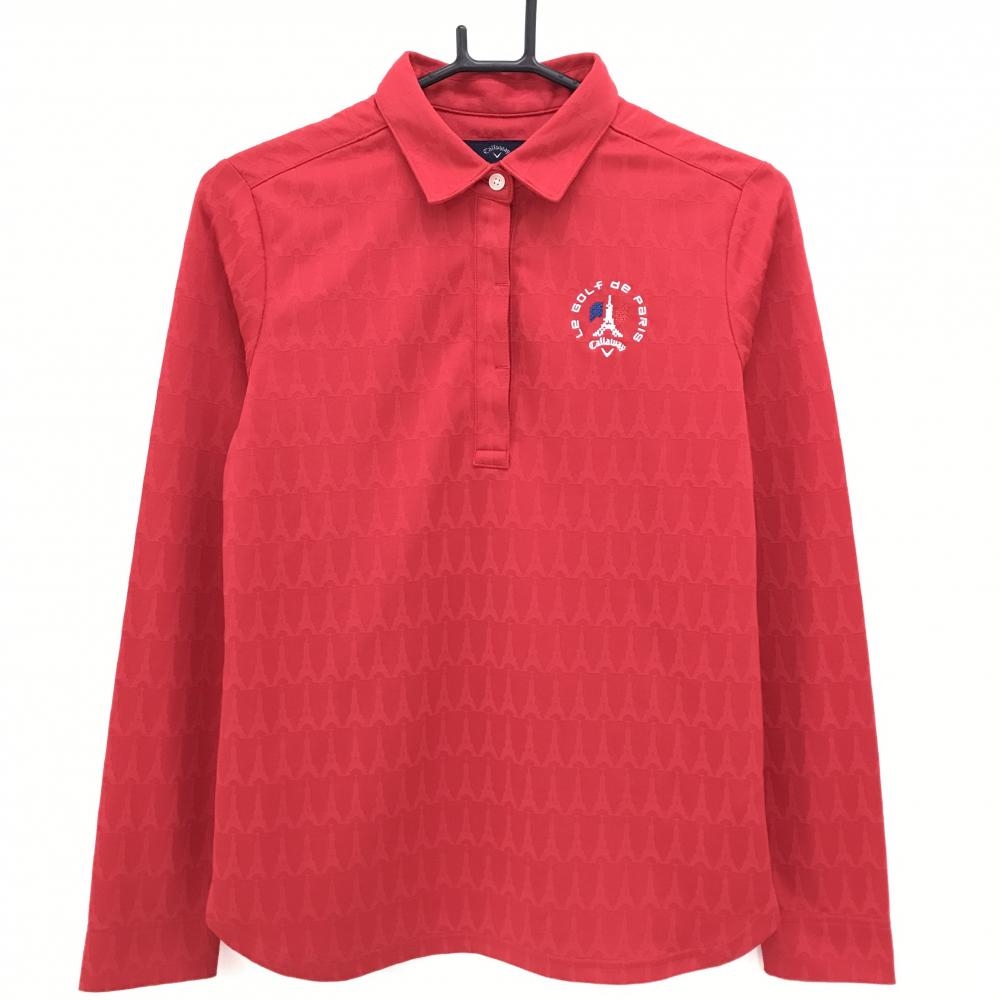 【超美品】キャロウェイ 長袖ポロシャツ レッド エッフェル塔総柄 織生地 刺しゅう レディース L ゴルフウェア Callaway