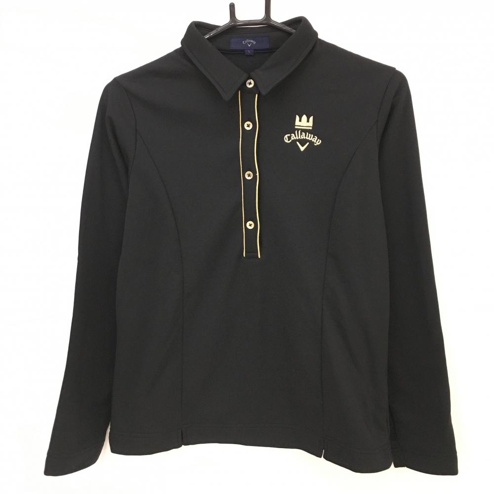 【超美品】キャロウェイ 長袖ポロシャツ 黒×ゴールド ロゴ刺しゅう ラメ糸 裏起毛  レディース L ゴルフウェア Callaway