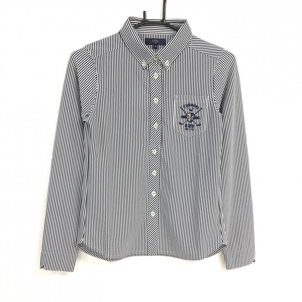 【新品】キャロウェイ 長袖ポロシャツ 黒×白 ストライプ ボタンダウン 胸ポケット レディース M ゴルフウェア Callaway