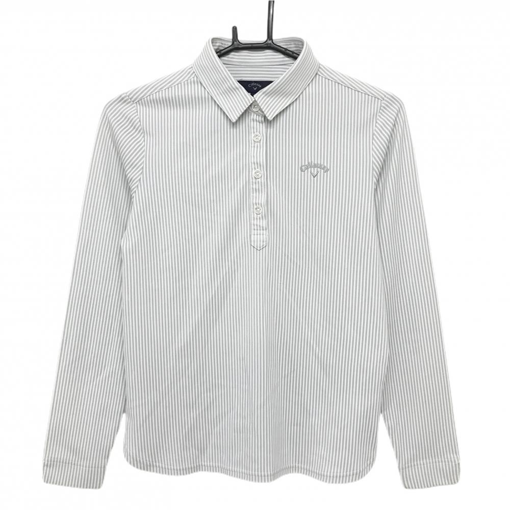 キャロウェイ 長袖ポロシャツ 白×グレー ストライプロゴ刺しゅう レディース S ゴルフウェア Callaway