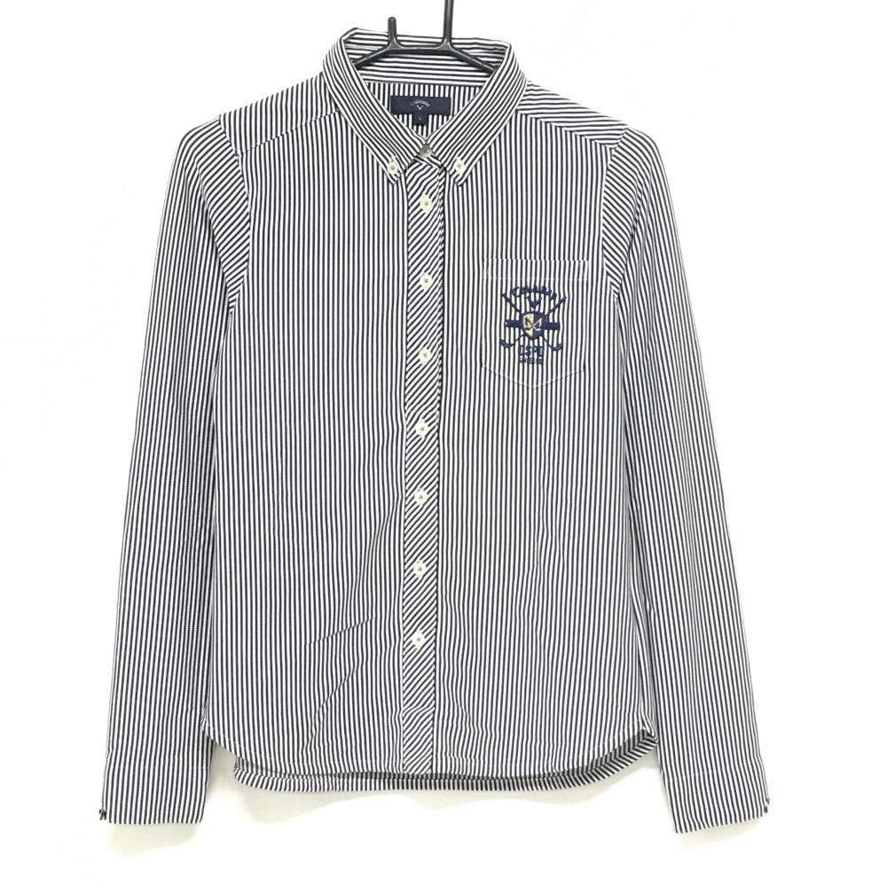 【超美品】キャロウェイ 長袖ポロシャツ 白×ダークネイビー ストライプ ボタンダウン レディース L ゴルフウェア Callaway