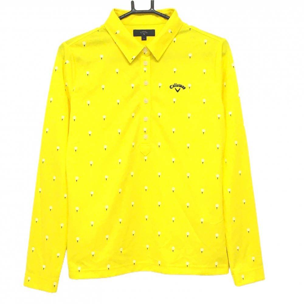 【超美品】キャロウェイ 長袖ポロシャツ イエロー×白 総柄 ロゴネイビー レディース LL ゴルフウェア Callaway