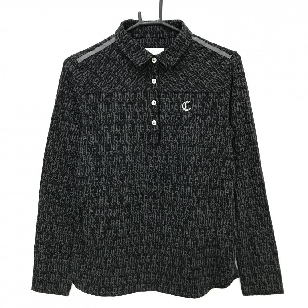 【美品】キャロウェイ 長袖ポロシャツ 黒×グレー ロゴ総柄 ラインストーンロゴ レディース L ゴルフウェア Callaway