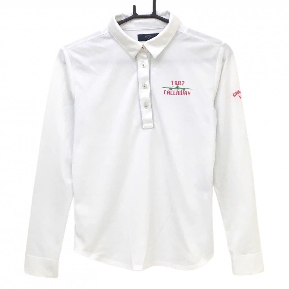 【超美品】キャロウェイ 長袖ポロシャツ 白×ピンク 飛行機プリント 袖刺しゅう レディース M ゴルフウェア Callaway