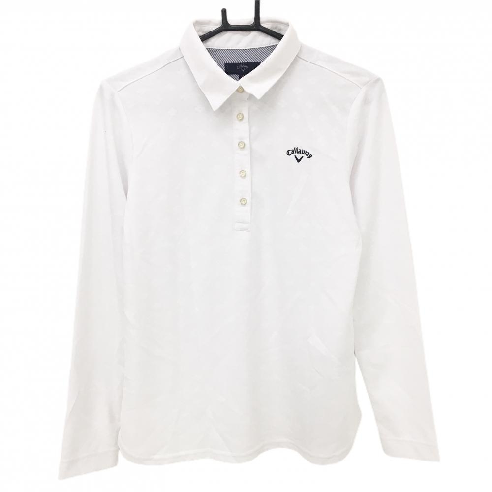 キャロウェイ 長袖ポロシャツ 白 花柄織生地 ロゴネイビー レディース LL ゴルフウェア Callaway