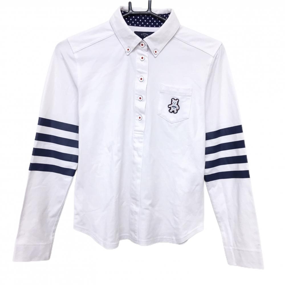 キャロウェイ 長袖ポロシャツ 白×ネイビー ボタンダウン ベアワッペン 袖ライン レディース M ゴルフウェア Callaway