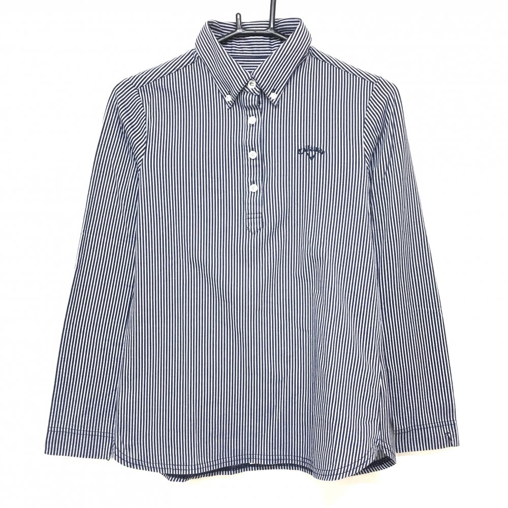 【超美品】キャロウェイ 長袖ポロシャツ ライトグレー×ネイビー ストライプ ボタンダウン レディース L ゴルフウェア Callaway
