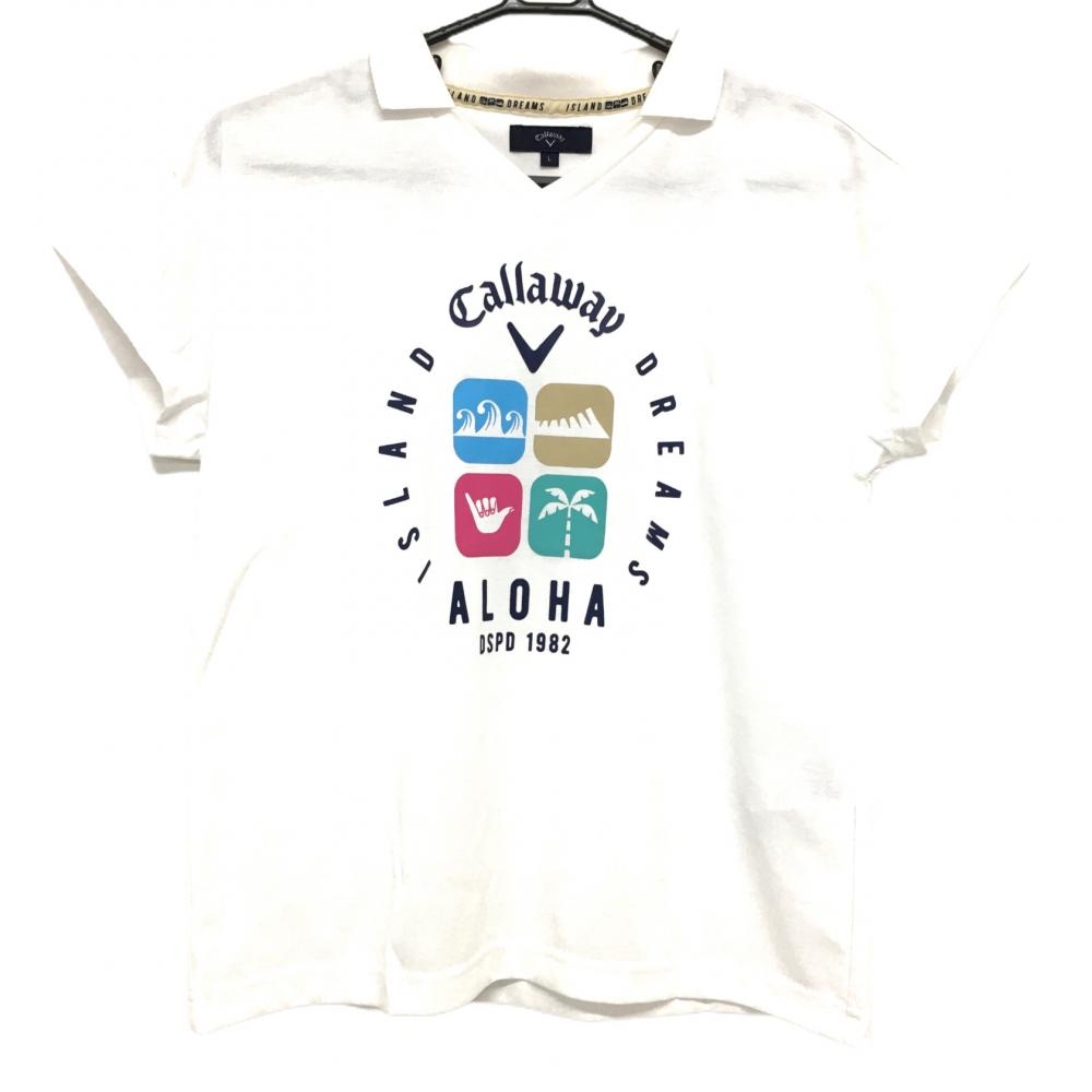【超美品】キャロウェイ 襟付きTシャツ 白×ネイビー ISLAND DREAM レディース L ゴルフウェア Callaway