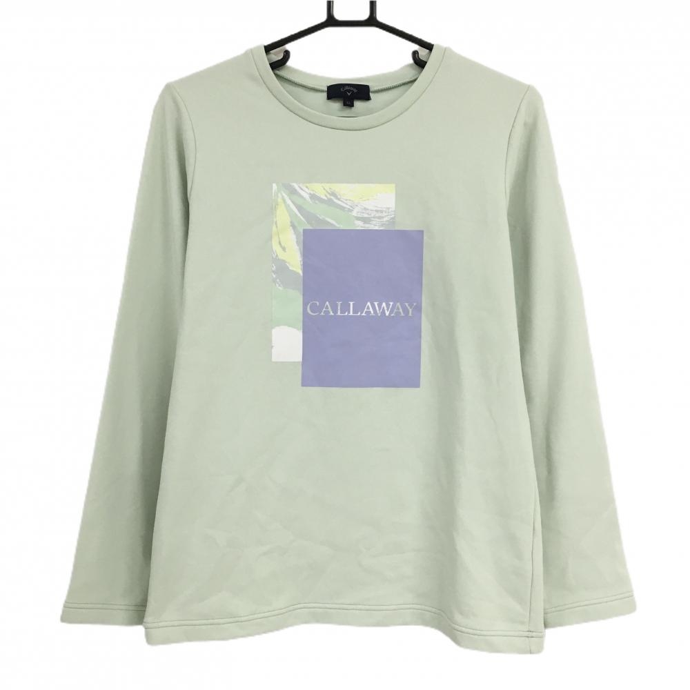 【超美品】キャロウェイ 長袖Ｔシャツ ライトグリーン×パープル フロントプリント 裏起毛 レディース LL ゴルフウェア Callaway