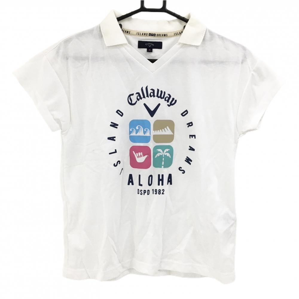 【超美品】キャロウェイ 襟付き半袖シャツ 白×ネイビー フロントプリント レディース M ゴルフウェア Callaway
