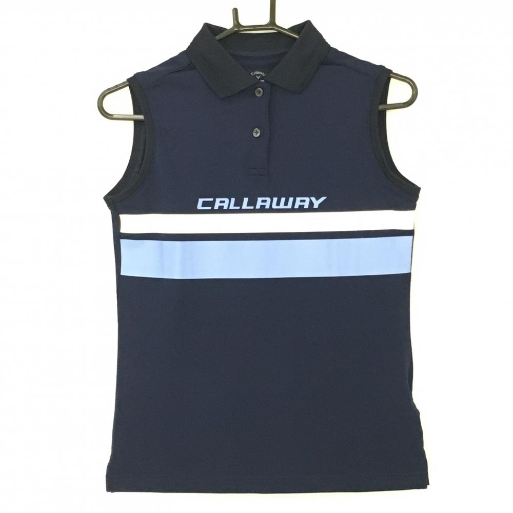 【超美品】キャロウェイ ノースリーブポロシャツ ネイビー×ブルー 胸元ライン ロゴプリント  レディース S ゴルフウェア Callaway