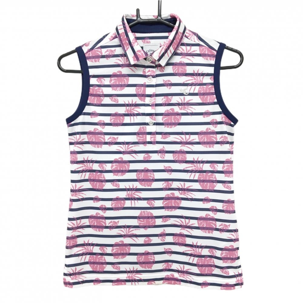 キャロウェイ ノースリーブポロシャツ 白×ピンク ボーダー リーフ柄 レディース S ゴルフウェア Callaway