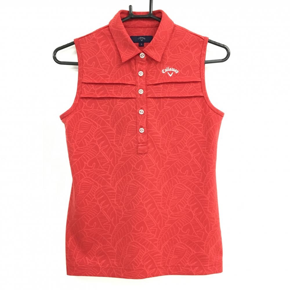 【超美品】キャロウェイ ノースリーブポロシャツ レッド リーフ柄 ロゴ白 レディース S ゴルフウェア Callaway