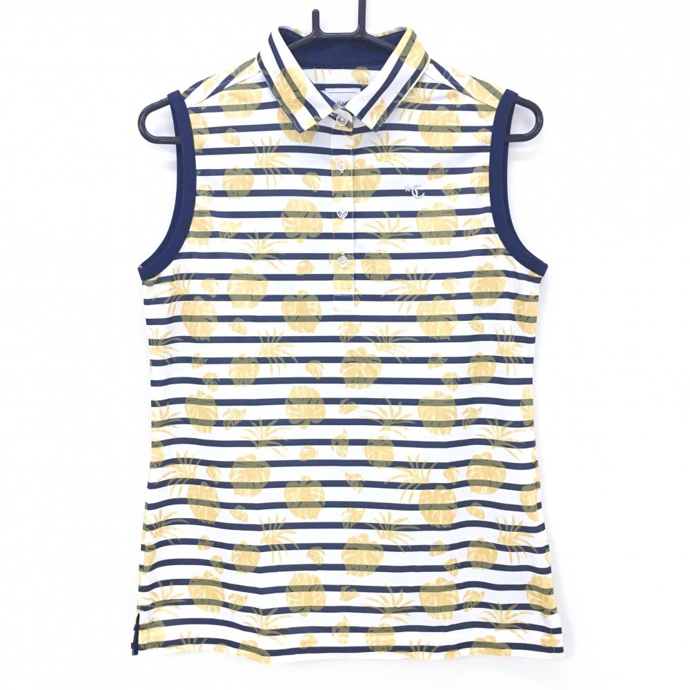 キャロウェイ ノースリーブポロシャツ 白×ネイビー リーフ柄イエロー ボーダー  レディース L ゴルフウェア Callaway